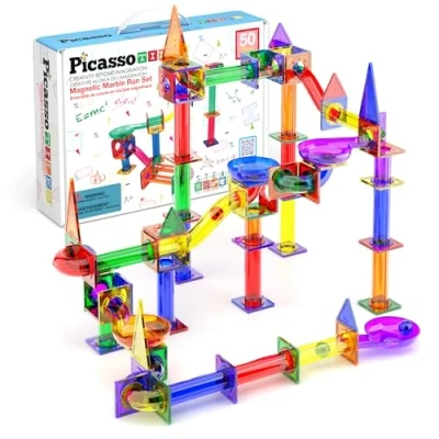 Afbeelding van PicassoTiles Marble Run 50 delige speelset voor racebaan met magnetische tegels, STEM constructie en leren, educatieve magneetconstructie, ontwikkelingsset