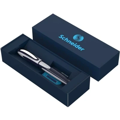 Afbeelding van Schneider Ray rollerball geschenkdoos in kartonnen etui (met standaard inktpatronen, geschikt voor rechts en linkshandigen) donkerblauw/lichtgrijs