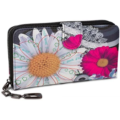 Afbeelding van styleBREAKER Damesportemonnee met etnische bloemen en bloemenpatronen, vintage design, ritssluiting, portemonnee 02040040, Zwart/Wit/Roze