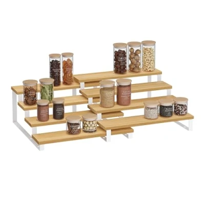 Afbeelding van SONGMICS kruidenrek, 2 stuks, opbergrek, uittrekbaar met 4 niveaus, technisch hout, stapelbaar, voor kast, toonbank, natuurlijk beige en wolkenwit KCS216N02