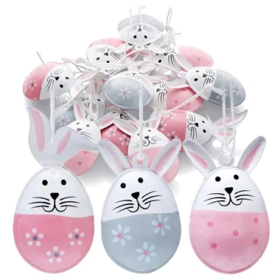 Afbeelding van COM FOUR® 12 x Paas decoratiehanger paashaas in de vorm van een ei metaal paasdecoratie om op te hangen aan struik, boom, deur en raam (grijs + roze)