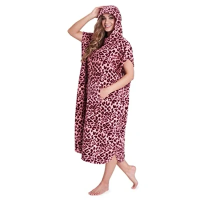 Afbeelding van CityComfort Badponcho dames en heren capuchonhanddoek, katoenen badstof surf poncho (L/XL, roze dierenprint)