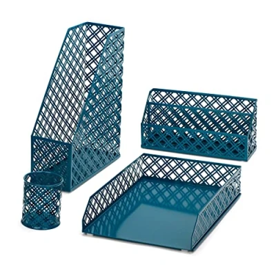Afbeelding van Organizer 4 delig Kantoorset/Tafelblad Metaalgaas Inclusief: A4 Brievenbakje x 1, Tijdschriftenrek Brievenhouder x1, Pennenhouder 1 Egeïsch blauw