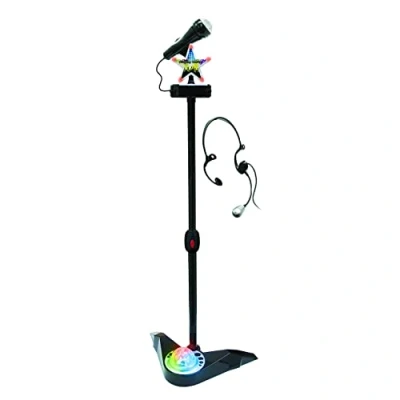 Afbeelding van Deqube 916D00037 Karaoke microfoon met verstelbare hoogte en discolichtbal hoofdtelefoon, aansluiting op verschillende geluidsapparaten, maat 65 100 cm (916D00037), zwart
