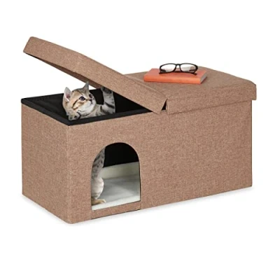 Afbeelding van Relaxdays kattenhuis opvouwbaar zitbankje met kattenholletje grote kattenmand poef