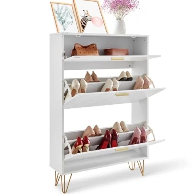 Image de VEVOR Meuble de Rangement à Chaussures avec 3 Abattants Armoire Grande Capacité en Panneau Aggloméré Range pour Talons Bottes d&#039;Entrée Couloir et Salon 80x24x120 cm