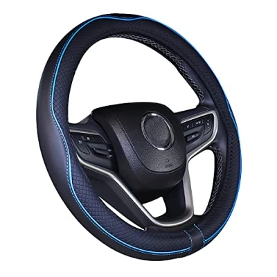 Afbeelding van Stuurhoes voor auto van microvezelleer, 15 inch, zwart/blauw