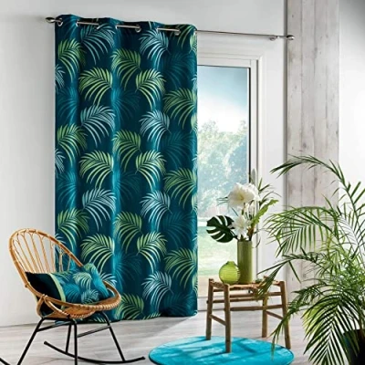 Afbeelding van Douceur d&#039;Intérieur gordijn met ogen, 140 x 260 cm, polyester, bedrukt, plantaardig, blauw