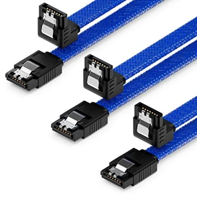 Afbeelding van deleyCON 3 x 50 cm SATA nylon kabelset datakabels 6 Gbit/s aansluitkabels moederbord harde schijf HDD SSD 1 S ATA connector 90 gehoekt blauw