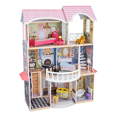 Afbeelding van KidKraft Magnolia Mansion poppenhuis van hout met meubels en accessoires, speelset balkon lift voor 30 cm poppen, speelgoed kinderen vanaf 3 jaar, 65907