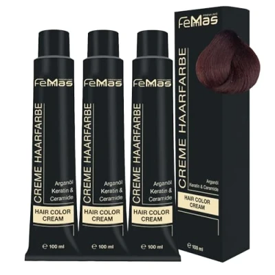 Image de FemMas Lot de 3 colorations permanentes/semi permanentes pour cheveux, crème professionnelle, avec huile d&#039;argan, kératine, céramides, résultats éclatants, blond foncé acajou ambre 6.58, 100 ml