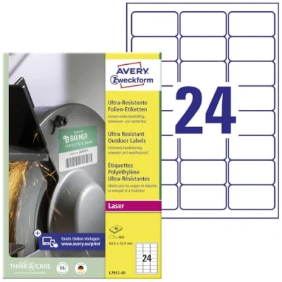 Afbeelding van Avery Zweckform L7912 40 Universele etiketten 63.5 x 33.9 mm Polyethyleen folie Wit 960 stuk(s) Permanent hechtend Laser (kleur), (zwart/wit)