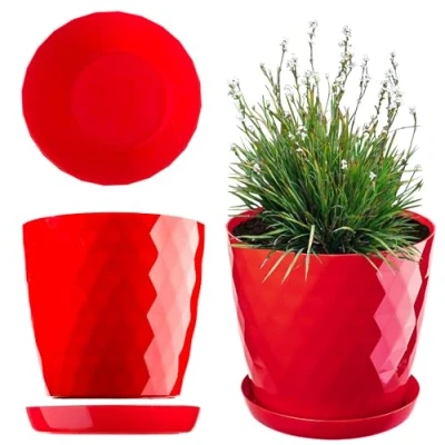 Afbeelding van KADAX Kunststof bloempot met geïntegreerde onderzetter, plantenpot voor moderne bloemendecoratie binnenshuis (16 cm, rood)