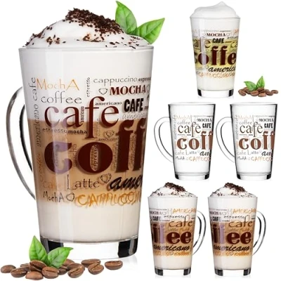 Afbeelding van PLATINUX Set van 6 koffieglazen met motief max. 350 ml latte macchiato glas handvat cappuccino glazen