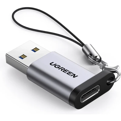 Afbeelding van Ugreen USB 3.0 A Adapter naar C (female) met Sleutelkoord Space Gray aluminium OTG ondersteuning 5Gbps 3A