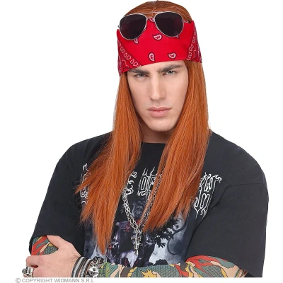 Afbeelding van Widmann Aso &amp; Biker New Kids Kostuum AXL Pruik Met Bandana En Zonnebril Rood Carnavalskleding Verkleedkleding