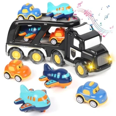 Afbeelding van Weinsamkeit Vrachtwagen machines voor kinderen, 5 in 1, speelgoedvrachtwagen kinderen met geluiden en verlichting, 4 mini auto&#039;s, vrachtwagens, speelgoed, cadeau jongens,