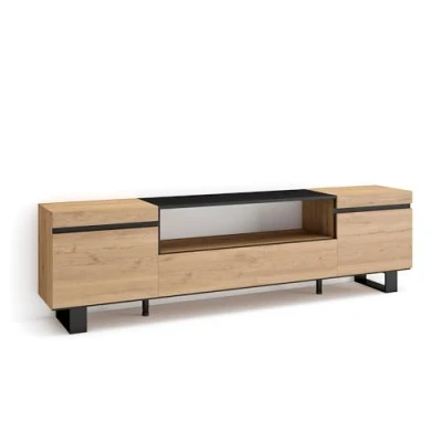 Afbeelding van Skraut Home tv kast, bank, grote opbergruimte, 200 x 57 35 cm, voor tv&#039;s tot 80 inch, industrieel design, moderne stijl, eiken en zwart