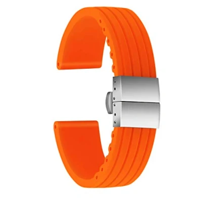 Afbeelding van ULLCHRO Horlogeband, hoge kwaliteit, vervanging van siliconen, armband, strepenpatroon, 16 mm, 18 20 22 24 rubberen horlogeband met vouwsluiting roestvrij staal, Oranje, armband