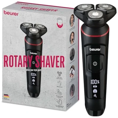 Afbeelding van Beurer MN8X Scheerapparaat Precisietrimmer opzetstuk Roterend 3 Scheerkoppen Waterbestendig IPX7 Gebruiksduur: 100 min. Snellaadfunctie LED display Incl. opbergbox/laadstation, laadkabel met adapter Jaar garantie