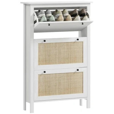 Afbeelding van HOMCOM schoenenkast voor entree, met 3 laden klapdeuren in rotanlook en verstelbare plank, entree hal, 18 paar 80 x 23,5 121,5 cm, natuurlijk hout