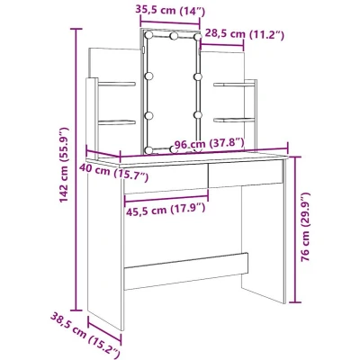 Afbeelding van Kaptafel met LED verlichting 96x40x142 cm oud houtkleurig
