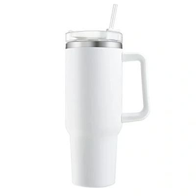 Afbeelding van 40oz Reisbeker, dubbelwandig, vacuüm geïsoleerd, roestvrij staal, met rietje en deksel, geïsoleerde reisbeker om dranken koud warm te houden, wit