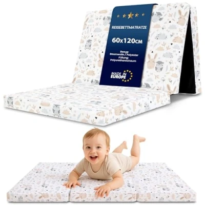 Afbeelding van Matras voor reisbed, 60 x 120 cm, opvouwbaar, dikke reismatras baby&#039;s en kinderen, overtrek van katoen, afneembare overtrek, uilen