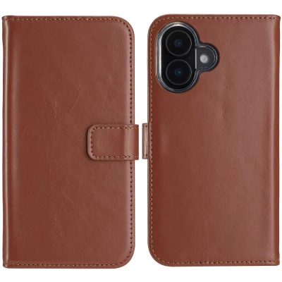 Afbeelding van Selencia Hoesje Geschikt voor iPhone 16 Met Pasjeshouder Echt Lederen Bookcase Lichtbruin