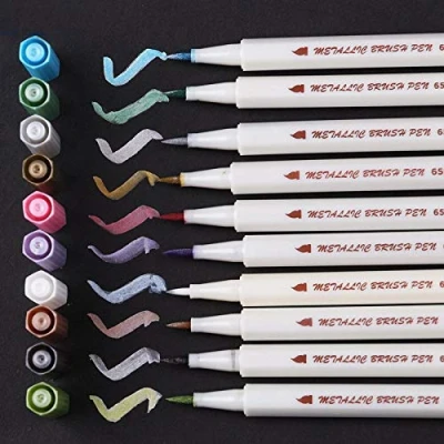 Afbeelding van Set van 10 metallic penseelstiften, kleuren, kleurmarkers, penselen, fotoalbum, bruiloft, zwarte stenen, keramiek, hout, canvas, acryl, handlettering
