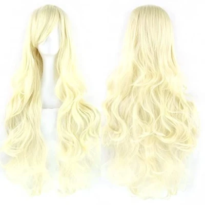 Afbeelding van IMISSU 80 cm lange cosplay pruik, natuurlijk haar, krullend, met kleurrijke pony, Halloween, kostuum, party, pruiken voor vrouwen (blond)