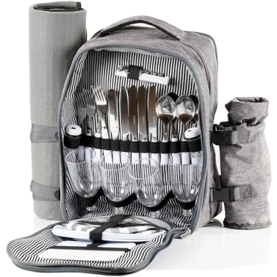 Afbeelding van CampFeuer Picknickrugzak voor 4 personen (grijs) 32 delige picknickset met flessenhouder en fleecedeken, groot koelvak, servies bestek