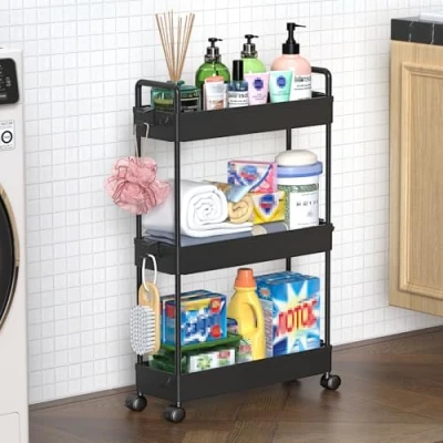 Afbeelding van Solejazz 3 laagse opbergtrolley kar. Uitschuifbare slanke rollende boodschappenkar. Mobiele opslag rekken organizer voor keuken, badkamer, wasruimte, slaapkamer en smalle plaatsen, kunststof, zwart