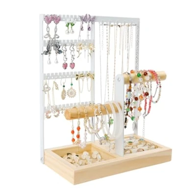 Afbeelding van NVIYAM Sieradenstandaard, kettinghouder, oorbellen, sieradenorganizer met houten basis, horlogestandaard, sieradenopslag voor ringen, halskettingen, armbanden,