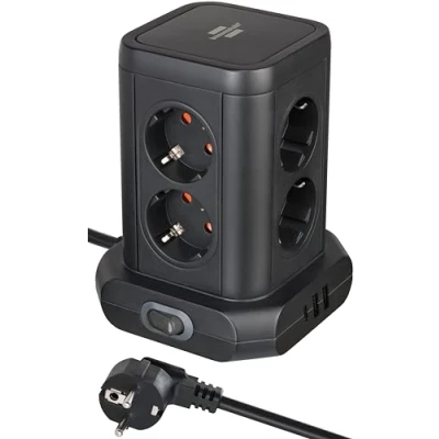 Afbeelding van Brennenstuhl stekkerdoos toren met 8 stekkerdozen in 45 opstelling (2x USB A &amp; 1x C Power Delivery, 2m kabel, tweepolige schakelaar)