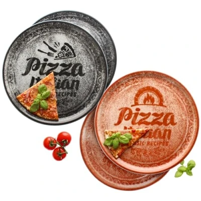 Afbeelding van MamboCat Set van 4 rode en zwarte pizzaborden, Ø 31 cm, voor personen, grote pizzaborden porselein met decoratie spreuk, pizza of het serveren, serveerbord