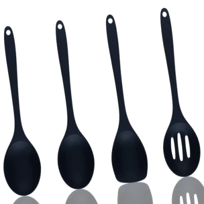Afbeelding van siliconen kookgerei set, 4 delig, keukenlepel om te mengen, lepels met antiaanbaklaag, voor koken, mengen en serveren (27,5 cm)