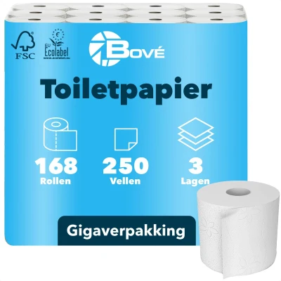 Afbeelding van BOVE 3 Laags WC Papier 168 Rollen 250 Vellen per Rol Extra Zacht, Sterk &amp; Absorberend Toiletpapier Tot 100% Meer FSC EU Ecolabel Voordeelverpakking