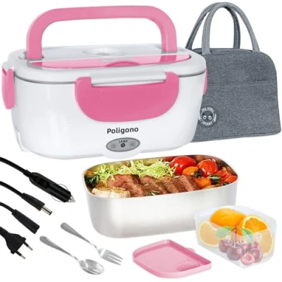 Afbeelding van Poligono Verwarmde kom, geïsoleerde lunchbox voor warme maaltijden, draagbaar, lunchbox, elektrisch, puro, kantoor en auto, (1,5 l/55 W), roze