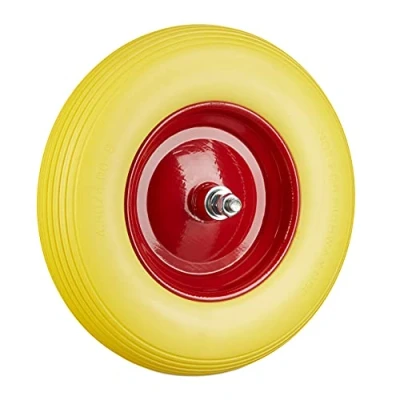 Afbeelding van 4 stuks kruiwagenwielen, rubber, met as, 4.80 4.00 8, polyurethaan rubber as 100 kg, geel/rood