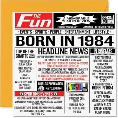 Image de Stuff4 Cartes d&#039;anniversaire 40 ans pour homme et femme Journal Born In 1984 Carte maman, papa, oncle, tante, vintage, rétro, Back 1984, 145 mm x