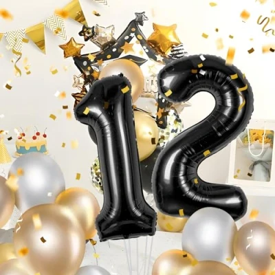 Afbeelding van Verjaardagsballonnen 12 nior 100 cm ballon cijfer 12, nummer Happy Birthday decoratie, ballonnen, verjaardagsfeest, jaren vliegen dankzij helium