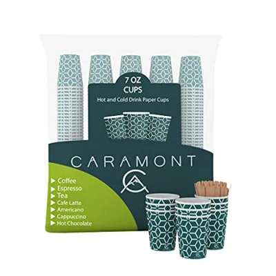 Afbeelding van Caramont, 400 oz papieren bekers met houten roerstaafjes, milieuvriendelijk en wegwerpbaar, hittebestendig, voor koude warme dranken van hoogwaardig karton, ideaal koffie, thee, verjaardag enz