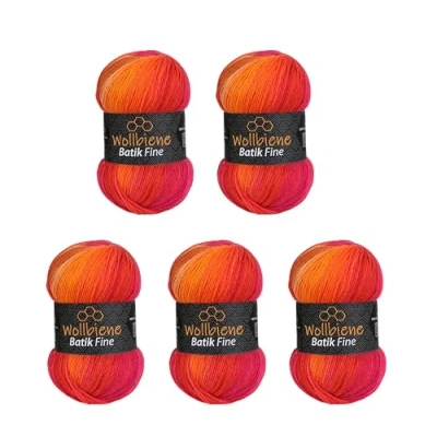 Afbeelding van Wollbiene Batik Fine Wol, 5 x 100 g, 500 gram wol met kleurverloop, meerkleurig, kleur: 1410 rood oranje