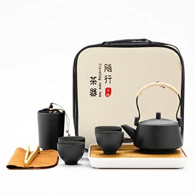 Afbeelding van fanquare Japanse reistheeservies, zwarte porseleinen theesets met theepot, mini Chinese theeservies voor volwassenen, cadeaus mannen