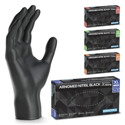 Afbeelding van ARNOMED Extra sterke zwarte wegwerphandschoenen, nitril handschoenen, maat XL, 50% dikker, 1000 stuks, poedervrije latexvrije mechanische wegwerphandschoenen