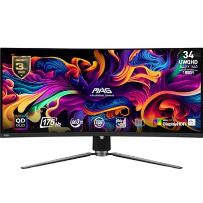 Afbeelding van MSI MAG 341CQPDE QD OLED Gaming monitor Energielabel G (A G) 86.9 cm (34.2 inch) 3440 x 1440 Pixel 16:9 0.03 ms HDMI, DisplayPort, Hoofdtelefoonaansluiting,
