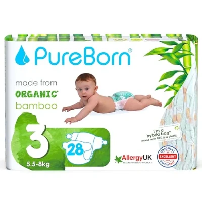 Afbeelding van PureBorn Milieuvriendelijke bamboe luiers, maat 3 (5,5 8 kg), 28 stuks, hypoallergeen, ultrazacht, verschillende print, vochtindicator
