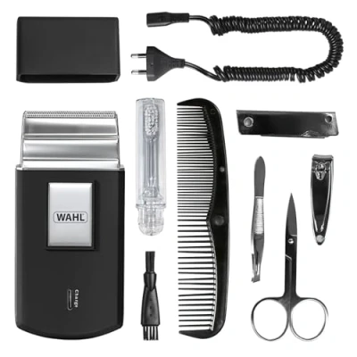 Afbeelding van WAHL Travel Shaver Kit, navulbaar, flexibel scheermesje, inclusief tandenborstel, nagelvijl, nagelknipper, pincet, kam, perfect voor op reis, klein, reisetui