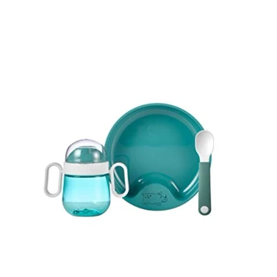Image de Mepal Ensemble de vaisselle pour bébé 3 pièces Mio Comprend une tasse à bec étanche, et assiette cuillère d&#039;entraînement Va au lave sans BPA Deep turquoise